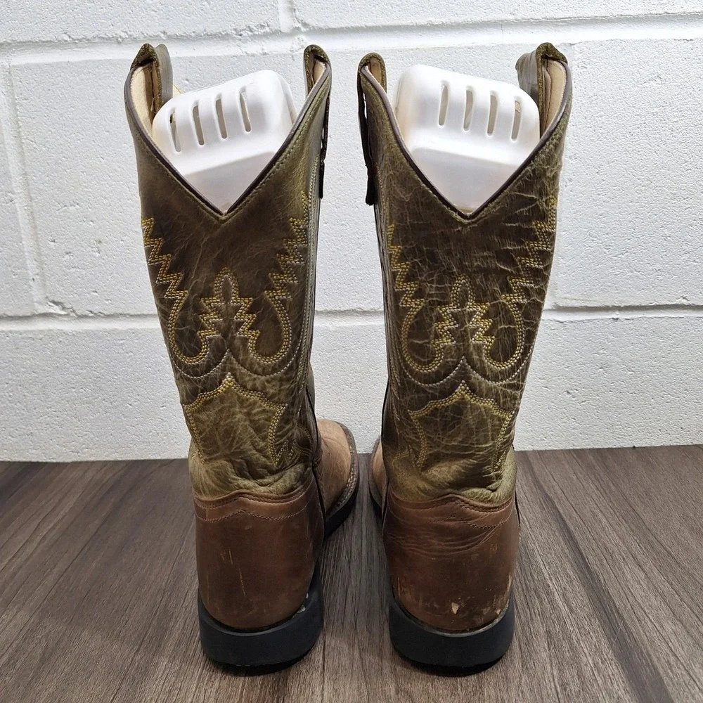 Old West Kids Size 5Y Western Cowboy Boots Tan Olive Green Leather Square Toe